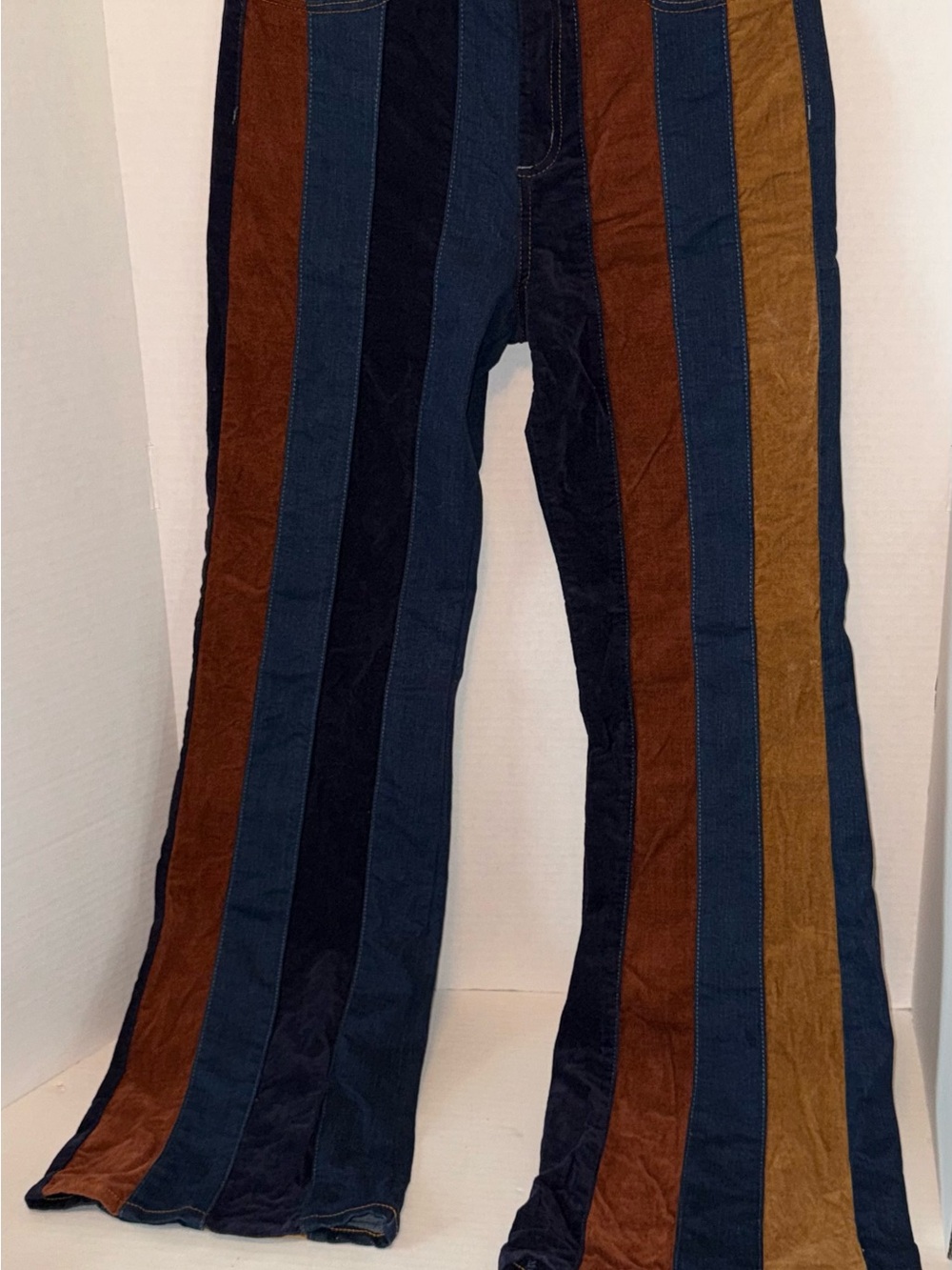 Denim and suede flare jeans, Altar'd State, striped patchwork design - Picture 3 of 6